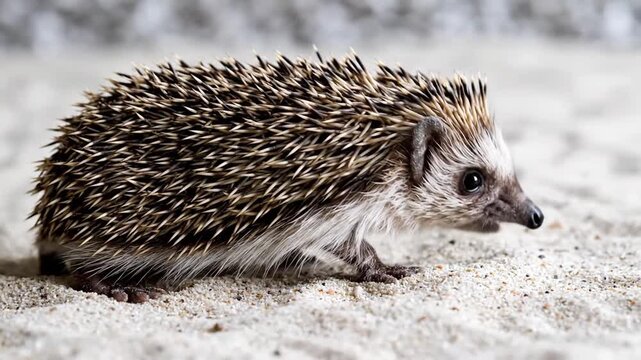 Adorable Small Hedgehog With Spines on Sandy Ground, Side View Close Up