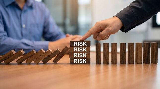 Hand stopping a falling tower of wooden risk mitigation blocks