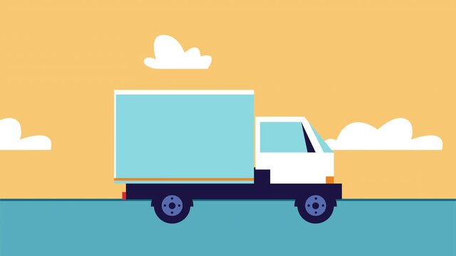 Minimalist flat animation of delivery truck driving through simple outdoor landscape with white clouds on yellow sky.