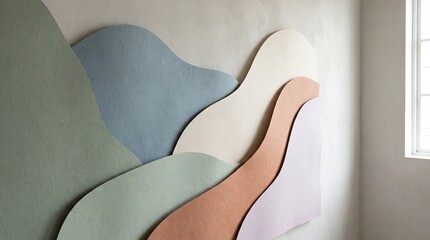 Fototapeta premium Abstract pastel wavy shapes adorn a minimalist wall, creating a serene and organic contemporary interior decor