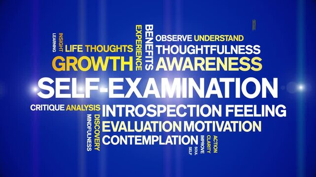 Self-Examination animated word cloud-text design animation tag kinetic typography seamless loop.
