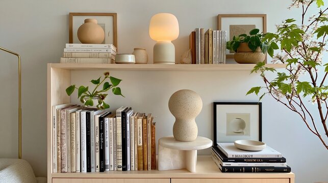 Modern Minimalist Shelf Decor with Books, Art, and Natural Elements