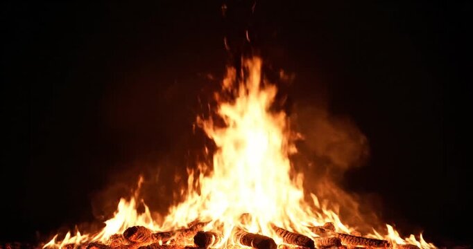 Bright flames dancing above a pile of logs in a dark setting, creating a warm ambiance