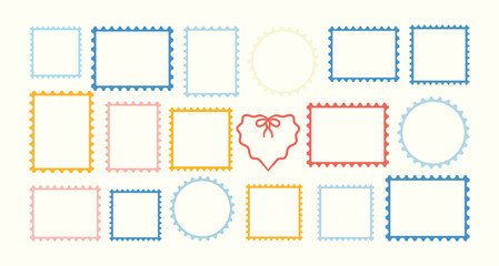Fototapeta premium Postage stamp set. Various postal stamp silhouette vector shapes. Postage stamp icons and frames vector. Mockup postage stamps. Blank Postage Stamp set. Colorful postage stamp borders templates.