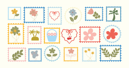 Obraz premium Postage stamps collection with flowers. Beautiful floral set. Vintage-style botanical postage stamps flowers. Set of spring and summer hand drawn flowers. Floral set.Vector illustration.