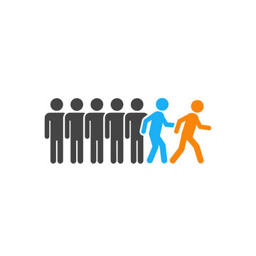 Group of People Figures with Blue and Orange Leaders Breaking Away on Isolated White Background