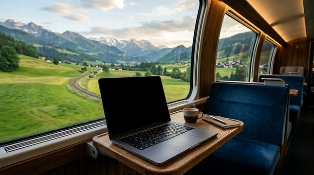Laptop on a table with a scenic view of green hills and mountains from a train window