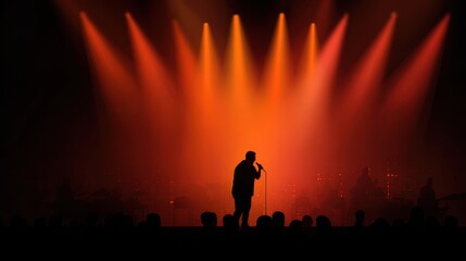 Fototapeta premium Silhouette of singer on stage in spotlights. Banner design
