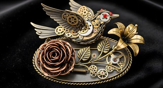 Steampunk-inspired brooch features a mechanical bird with intricate gears, a rose, and a lily on an ornate base.