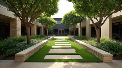 Fototapeta premium Serene Courtyard with Lush Green Grass and Tree-Lined Pathway for Tranquil Outdoor Spaces and Architectural Harmony