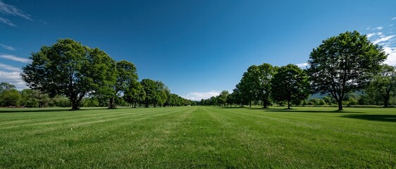 Fototapeta premium Expansive Green Lawn Lined with Mature Trees Under a Vast Blue Sky