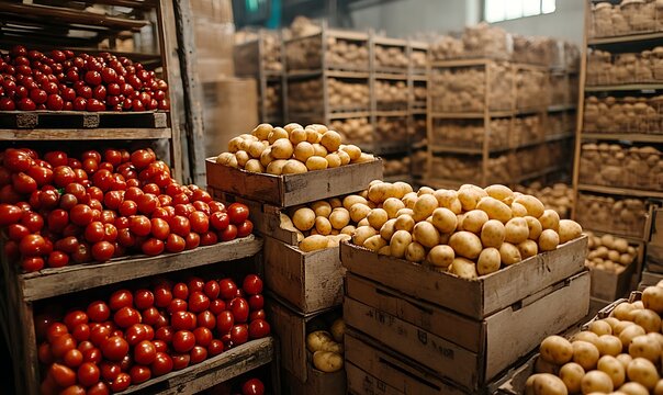 Agricultural warehouse featuring harvested tomatoes and potatoes in wooden crates