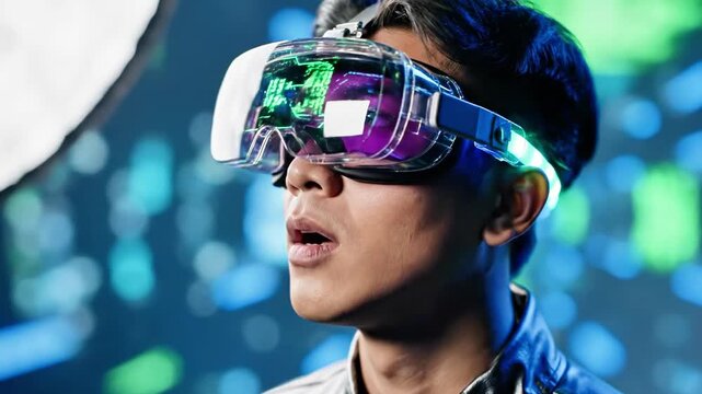 A young man wearing futuristic virtual reality goggles with a blurred background
