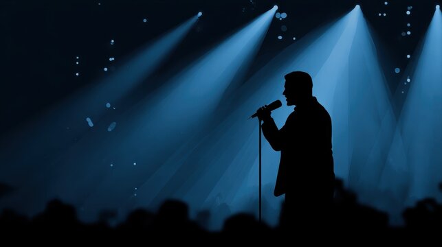 Silhouette of singer on stage in spotlights. Banner design