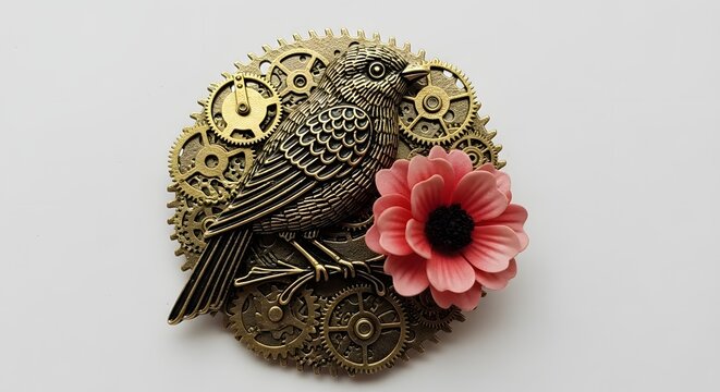 Whimsical steampunk-inspired brooch showcases a metallic bird perched on gears with a delicate pink flower.