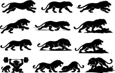 Obraz premium A muscular panther lifts weights while various other panthers run, jump, and exercise around it.