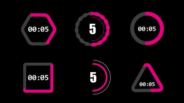 Futuristic Geometric Countdown Timer Elements on Pure Black Background. Multi-Shape Digital Ten Second Clock Pack Including Hexagon, Triangle, Square, and Circle Rings. Modern Sci-Fi UI Infographic