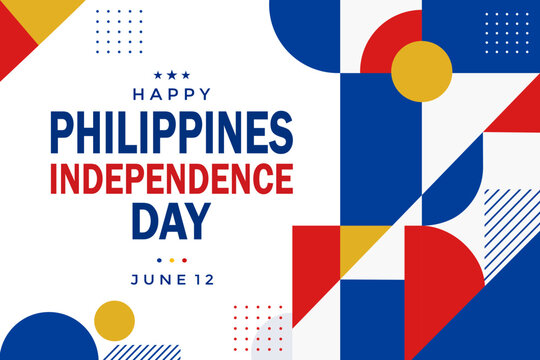 Modern geometric Philippines Independence Day poster with bold typography and abstract red blue yellow shapes inspired by the national flag.