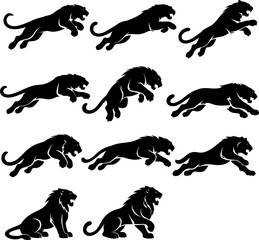 Obraz premium A set of nine black lion silhouettes jumping and sitting on white