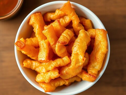 Crispy youtiao in a white bowl, top-down view, golden brown and airy,  asian food,  fried dough sticks