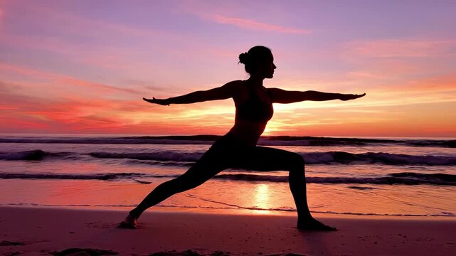 A serene silhouette of a person practicing yoga on a beach at sunset