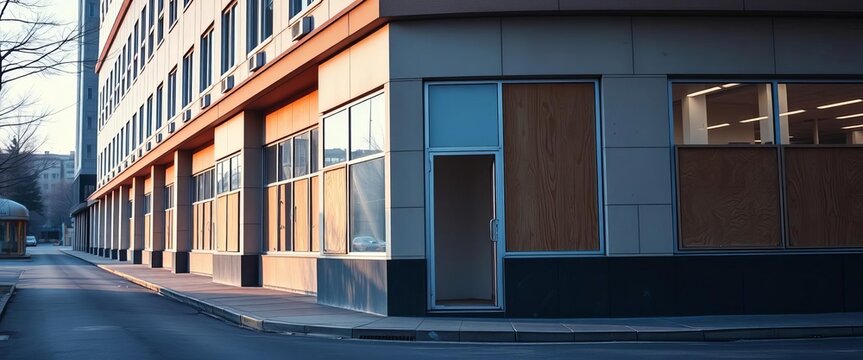 Empty office building, boarded windows, desolate street,  bankrupt,  global crisis
