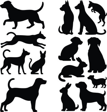 Collection of domestic pet silhouettes featuring various dog breeds puppies and rabbit icons in different poses isolated on white background