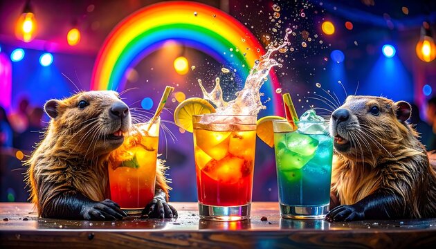 A colorful scene of three capybaras enjoying cocktails