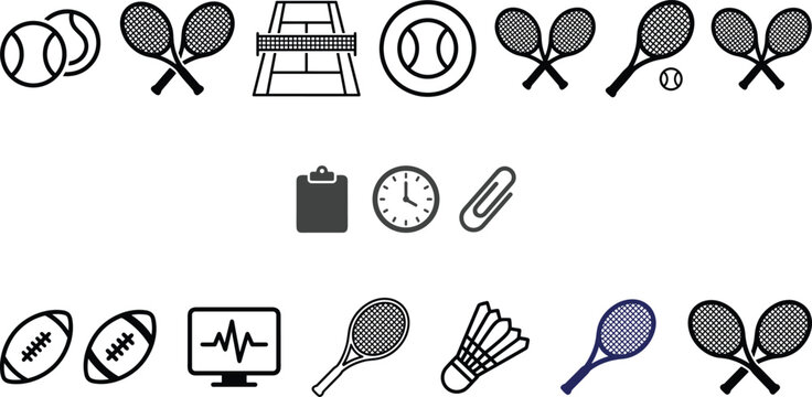 Comprehensive set of linear sports icons featuring tennis rackets, balls, tournament court net, badminton shuttlecock, and tournament clipboard