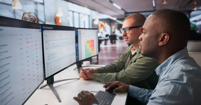 Two Enterprise Risk Managers Use Computer Tools Analyzing Financial Data