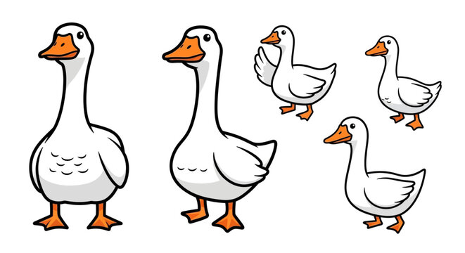 Various Cartoon Illustrations of White Geese in Different Poses.