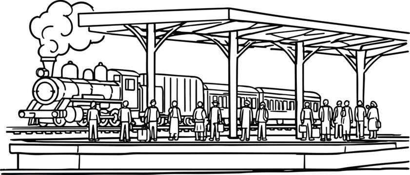 Vintage steam train at a railway station platform with people waiting, minimalist line art illustration for travel and history concepts