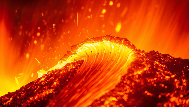 Glowing orange molten lava flowing during a volcanic eruption with magma chamber