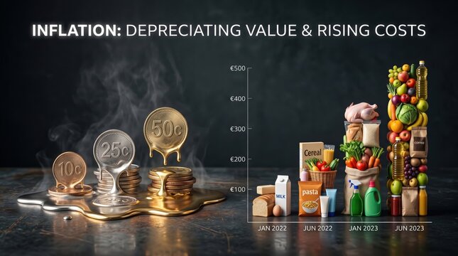 Inflation concept with devaluing money and rising food costs.