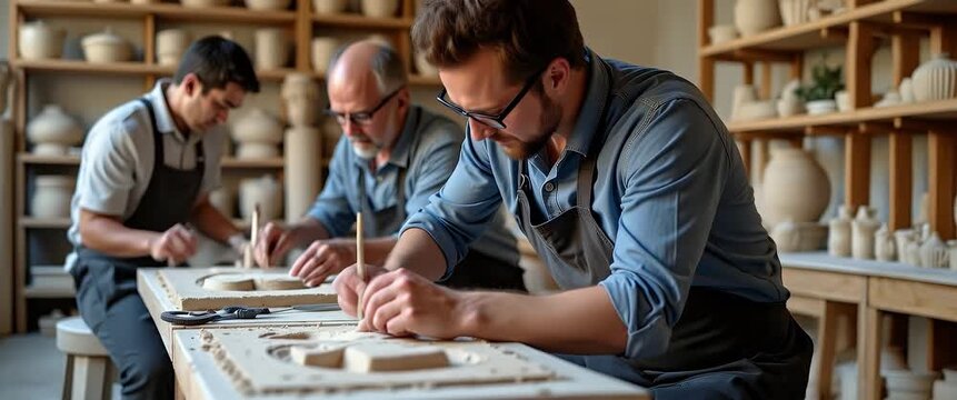 Showcase experienced sculptors meticulously carving intricate stone designs in open studios highlighting refined techniques and timeless artistic expression in  Photo Stock  Concept  and empty space o
