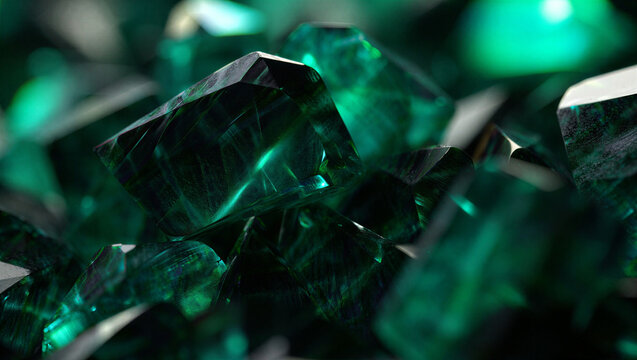 Close-up of raw green emerald crystals with crystalline structures and facets