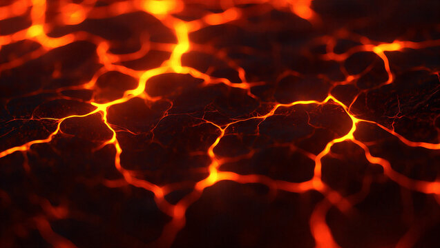 Abstract background of glowing molten magma cracks in cooling lava rock