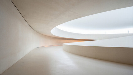 Minimalist interior of white curved corridor with smooth concrete walls