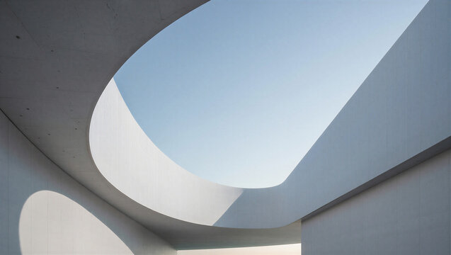 Modern minimalist architecture with curved concrete opening and blue sky view