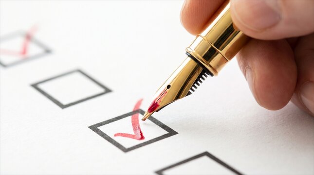 Close-up of a business person's hand writing a signature on a paper document and checking off a contract form list with a pen in the office