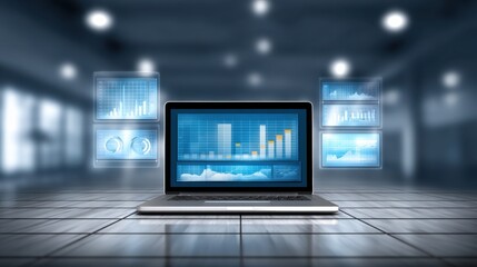 Fototapeta premium Modern Laptop Displaying Graphs and Data Analytics in a Bright Office Environment with Blurred Background and Futuristic Visual Elements