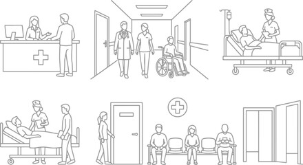 Obraz premium Hospital medical scenes set featuring doctors nurses and patients in reception hallway and ward areas minimalist line art vector illustration