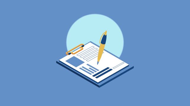 Isometric clipboard with pen writing on document motion graphic.