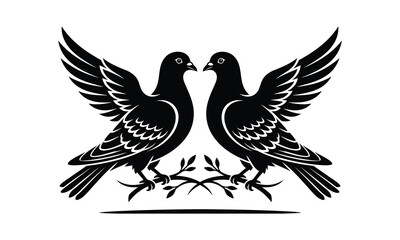 Fototapeta premium Pair of peace dove, two doves silhouette, peace dove vector, dove pair illustration, love birds design pack, flying doves together, peace symbol graphic, white dove pair, olive branch dove, couple