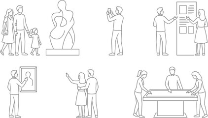 Obraz premium People visiting museum gallery viewing exhibits sculptures paintings and interactive displays minimalist line art vector illustration set for cultural education.