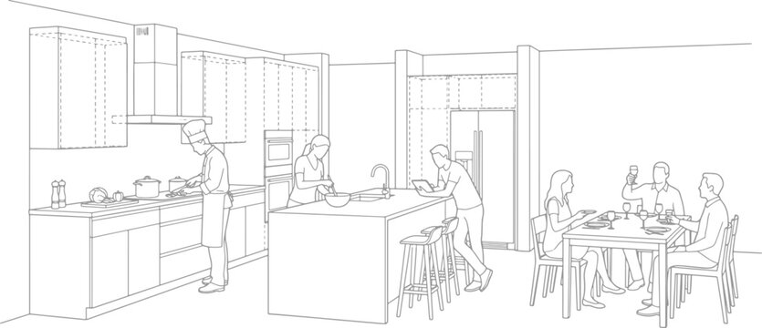 Modern open plan kitchen and dining room architectural line drawing featuring people cooking and eating together in a home vector