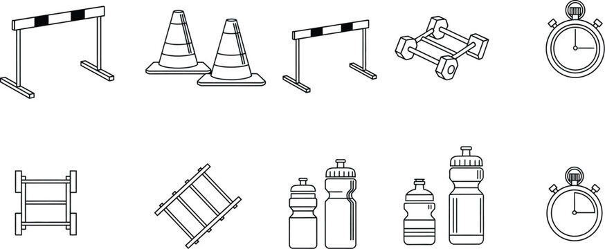 Set of athletic training equipment icons including hurdles traffic cones agility ladders water bottles and stopwatches in line art