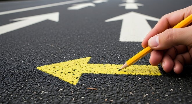Hand drawing yellow arrow on asphalt road with white arrows