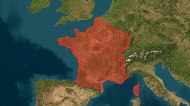 Aerial top-down satellite view of France outlined in red, showing the country borders against the natural terrain of western Europe