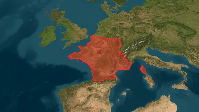 France country borders highlighted in red on a 3D satellite terrain map with cinematic orbital camera rotation revealing the western European landscape